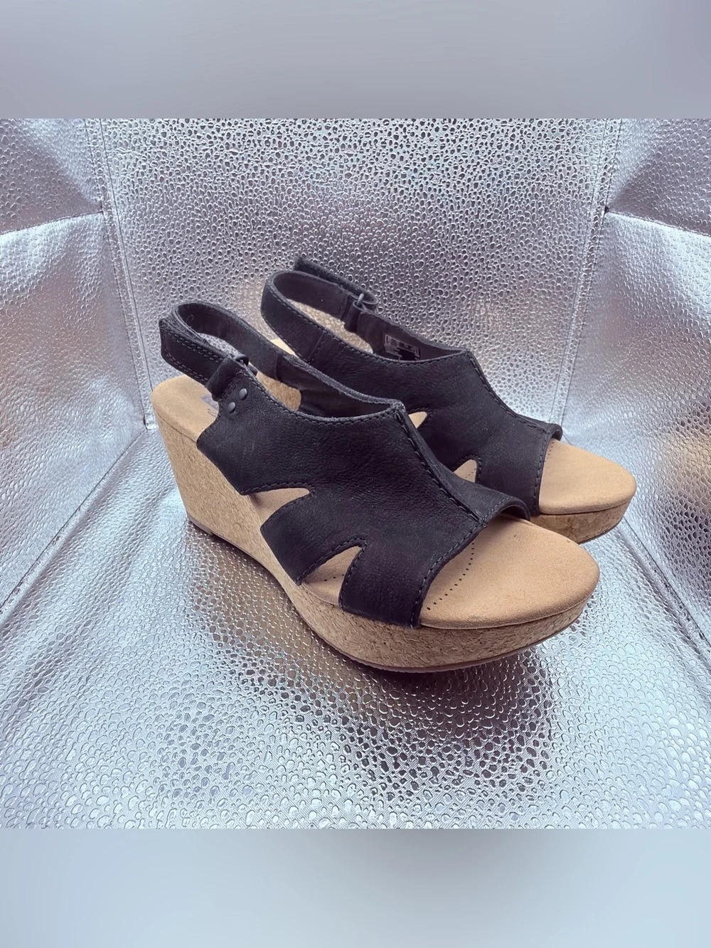 Clarks Black Suede Slingback Wedge Sandals